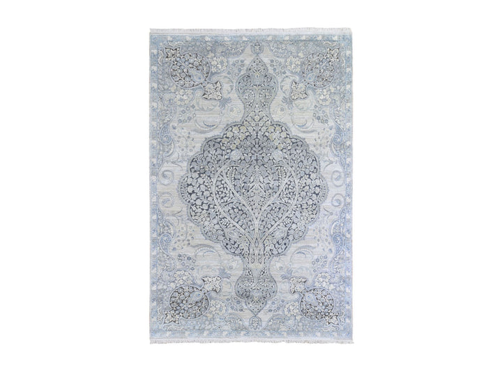6'0" x 9'2" New Hand Knotted Ivory Wool & Silk Rectangle Oriental Rug - MOA10266355