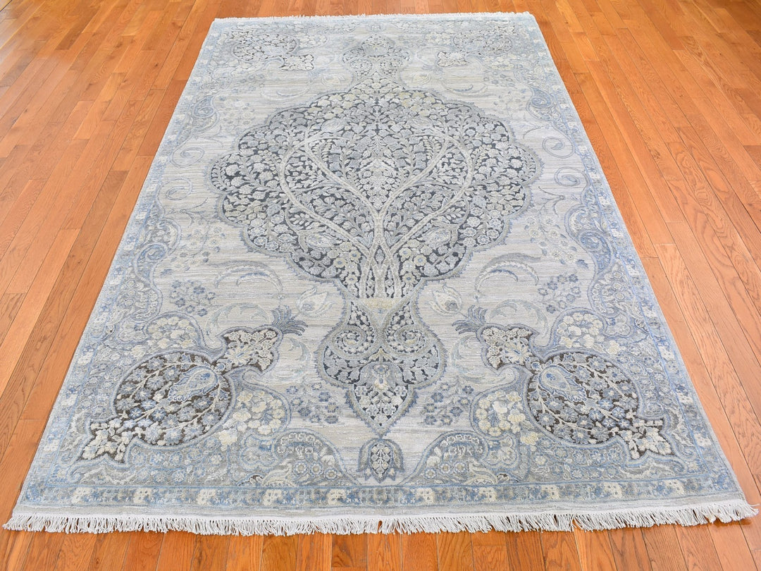6'0" x 9'2" New Hand Knotted Ivory Wool & Silk Rectangle Oriental Rug - MOA10266355