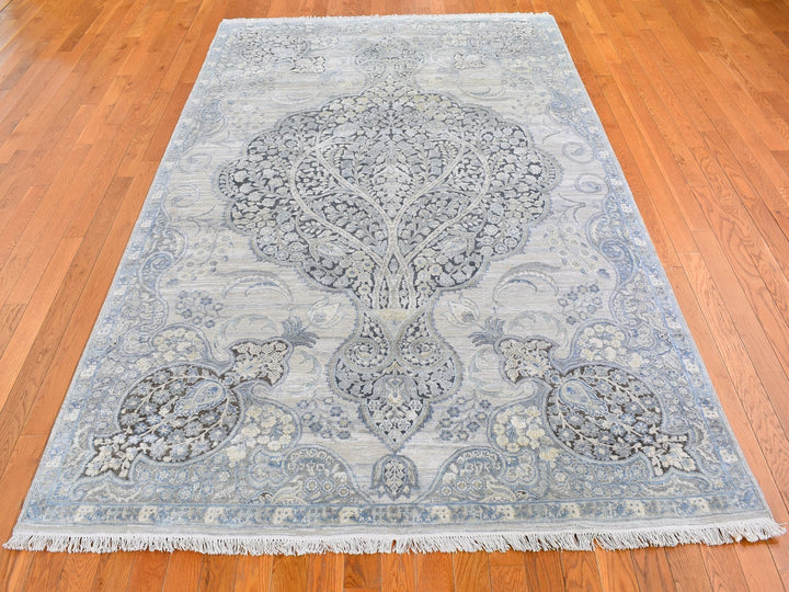 6'0" x 9'2" New Hand Knotted Ivory Wool & Silk Rectangle Oriental Rug - MOA10266355