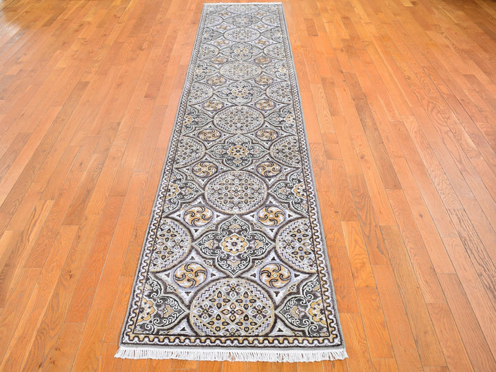 2'6" x 12'3" New Hand Knotted Brown Wool & Silk Runner Oriental Rug - MOA10266357