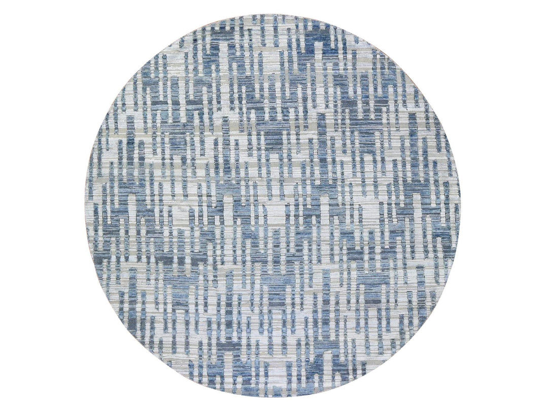 8'1" x 8'1" New Hand Knotted Blue Wool & Silk Round Oriental Rug - MOA10266378