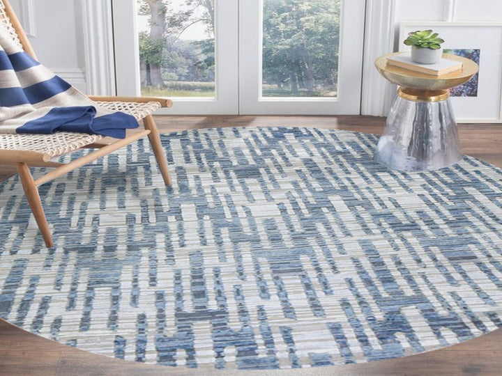 8'1" x 8'1" New Hand Knotted Blue Wool & Silk Round Oriental Rug - MOA10266378