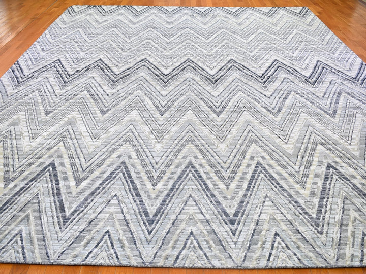 11'10" x 15'0" New Hand Knotted Grey Wool & Silk Rectangle Oriental Rug - MOA10266387