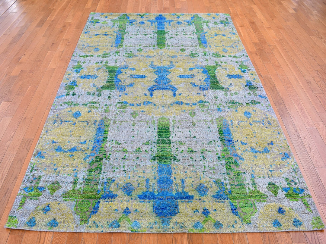 6'0" x 9'4" New Hand Knotted Green Wool & Silk Rectangle Oriental Rug - MOA10266452