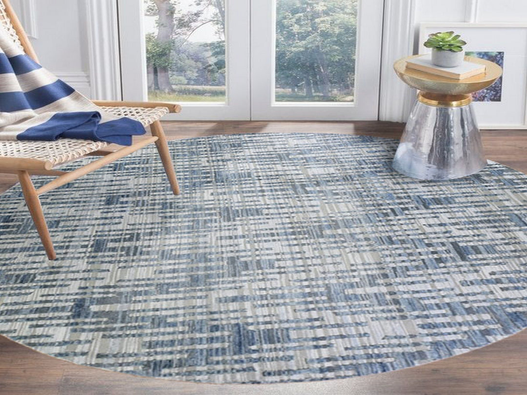 10'1" x 10'1" New Hand Knotted Blue Wool & Silk Round Oriental Rug - MOA10266465