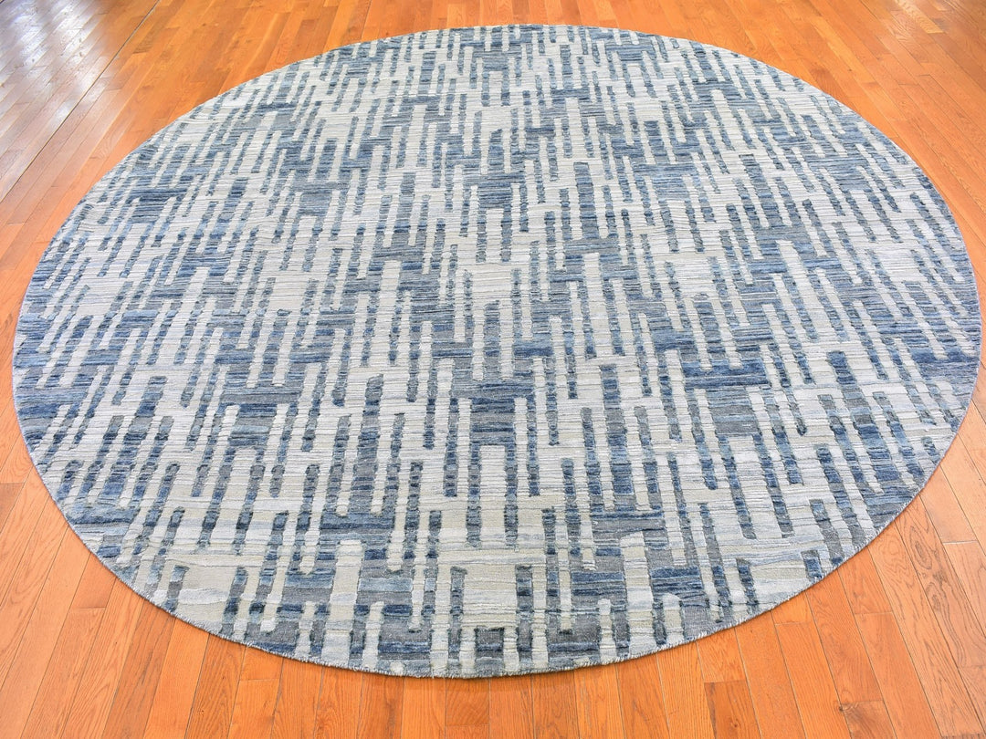 10'1" x 10'1" New Hand Knotted Blue Wool & Silk Round Oriental Rug - MOA10266465