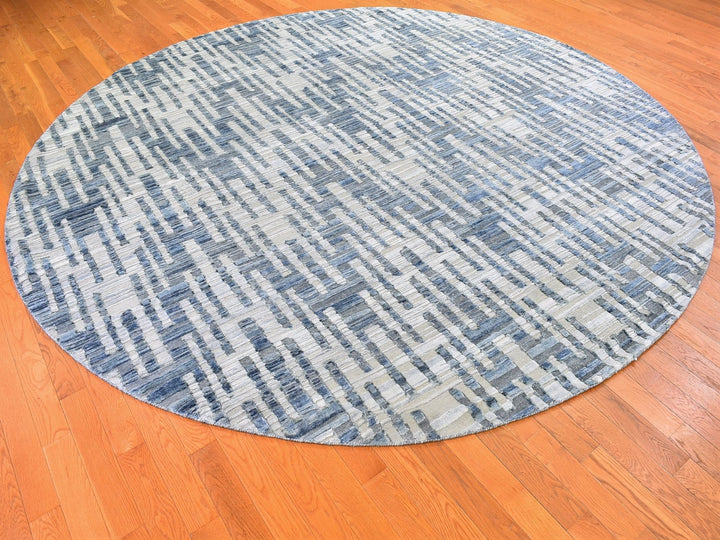 10'1" x 10'1" New Hand Knotted Blue Wool & Silk Round Oriental Rug - MOA10266465