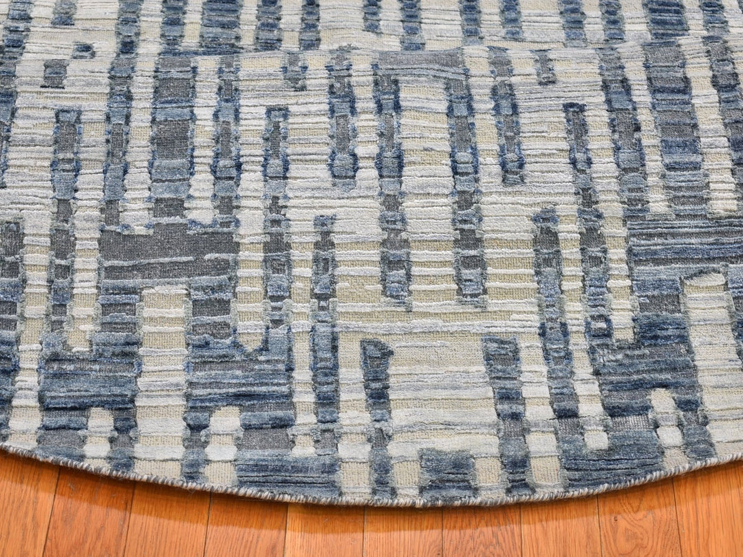 10'1" x 10'1" New Hand Knotted Blue Wool & Silk Round Oriental Rug - MOA10266465