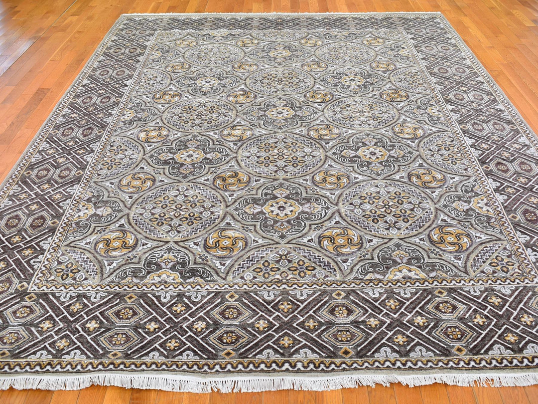 9'0" x 12'2" New Hand Knotted Brown Wool & Silk Rectangle Oriental Rug - MOA10266479