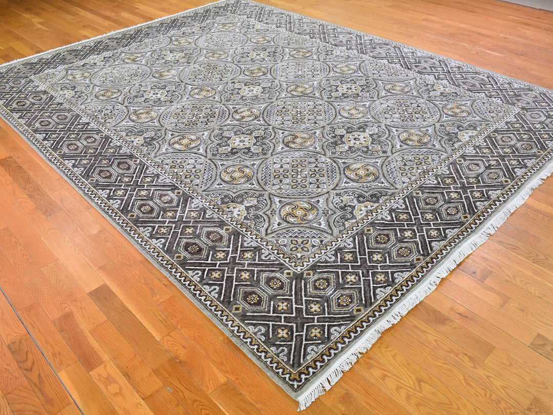 9'0" x 12'2" New Hand Knotted Brown Wool & Silk Rectangle Oriental Rug - MOA10266479