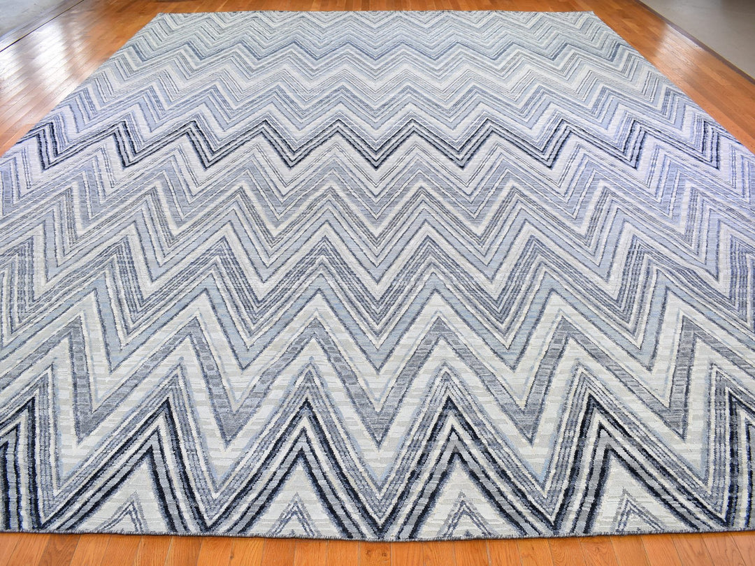 14'1" x 18'1" New Hand Knotted Grey Wool & Silk Rectangle Oriental Rug - MOA10266488