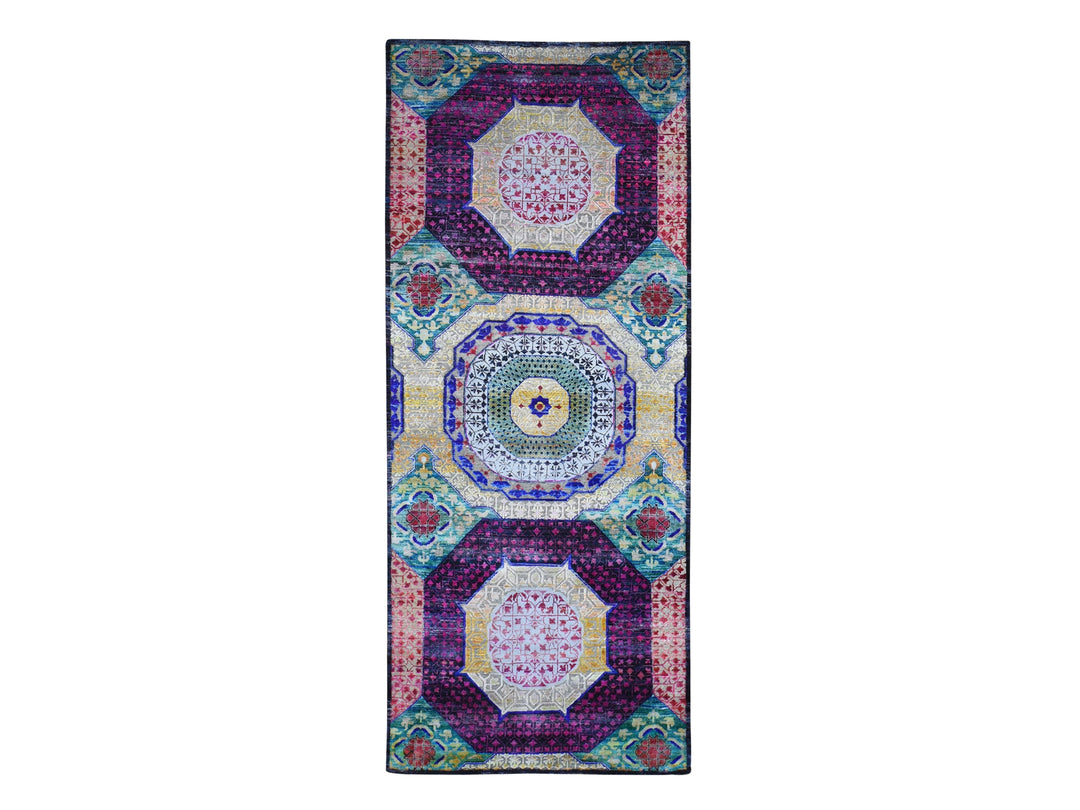 4'1" x 10'4" New Hand Knotted Yellow Wool & Silk Runner Oriental Rug - MOA10266494
