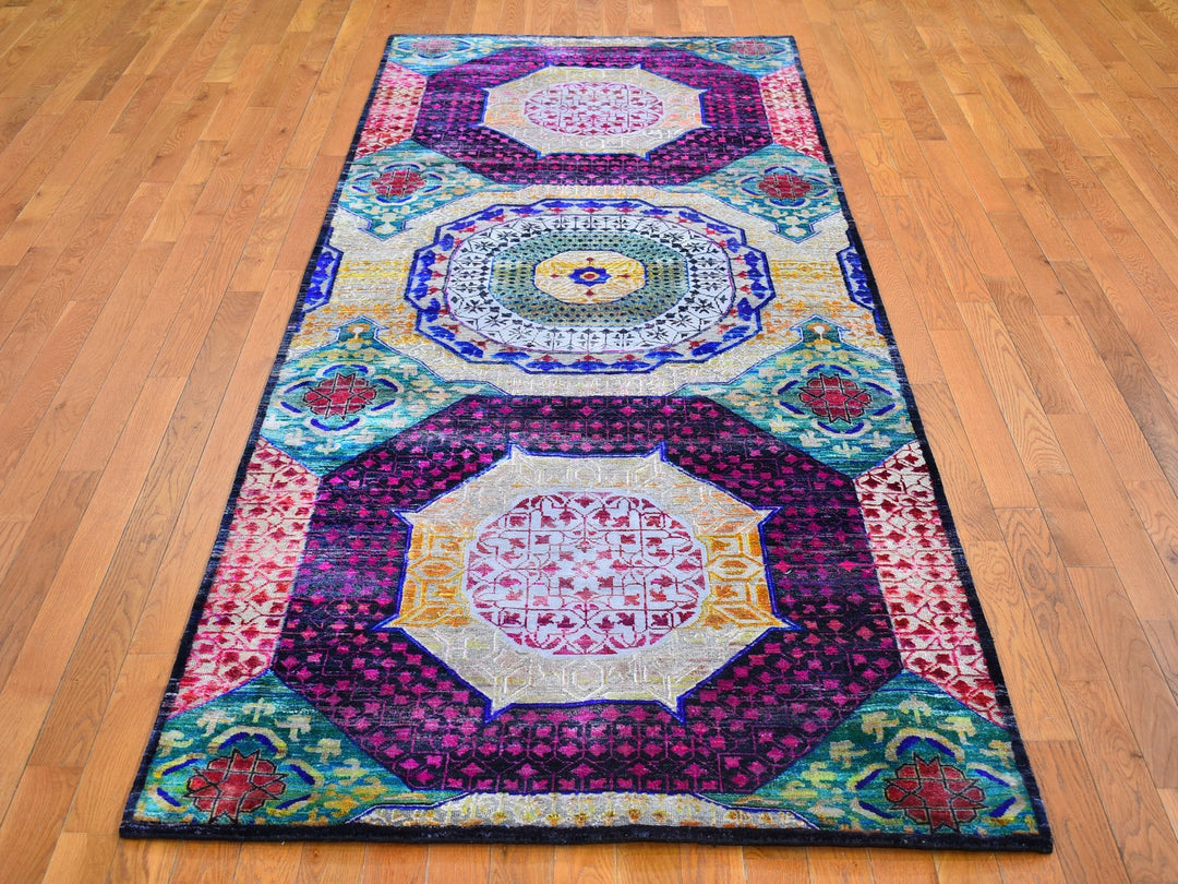 4'1" x 10'4" New Hand Knotted Yellow Wool & Silk Runner Oriental Rug - MOA10266494