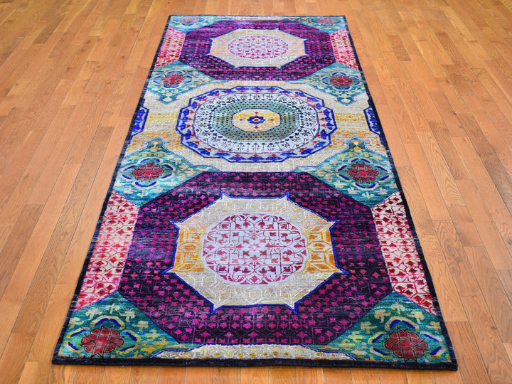 4'1" x 10'4" New Hand Knotted Yellow Wool & Silk Runner Oriental Rug - MOA10266494