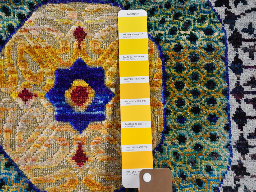 4'1" x 10'4" New Hand Knotted Yellow Wool & Silk Runner Oriental Rug - MOA10266494