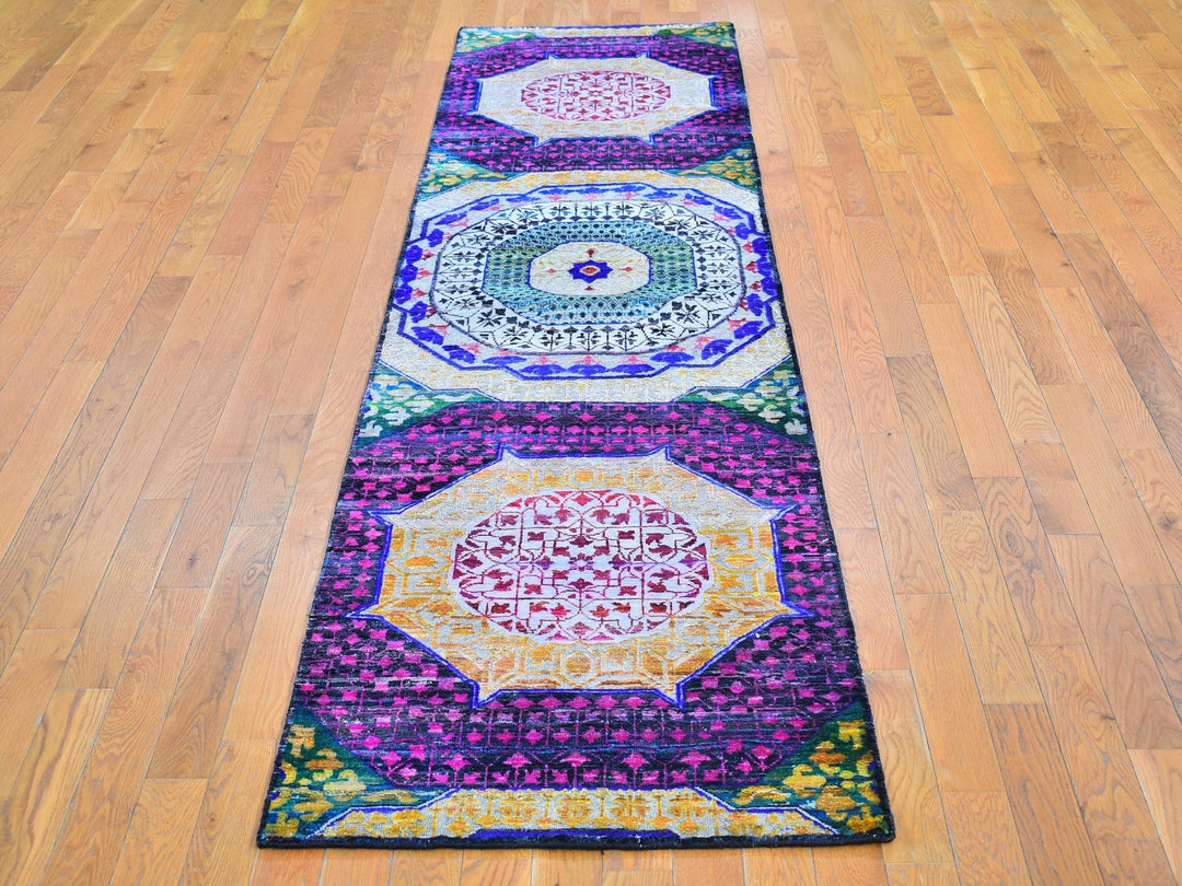 2'6" x 10'4" New Hand Knotted Yellow Wool & Silk Runner Oriental Rug - MOA10266496
