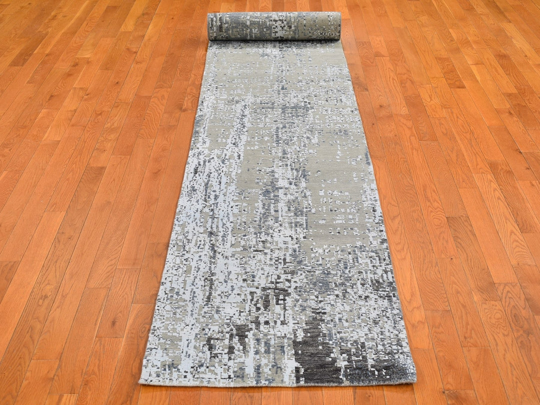 2'6" x 12'0" New Hand Knotted Grey Wool Runner Oriental Rug - MOA10266503
