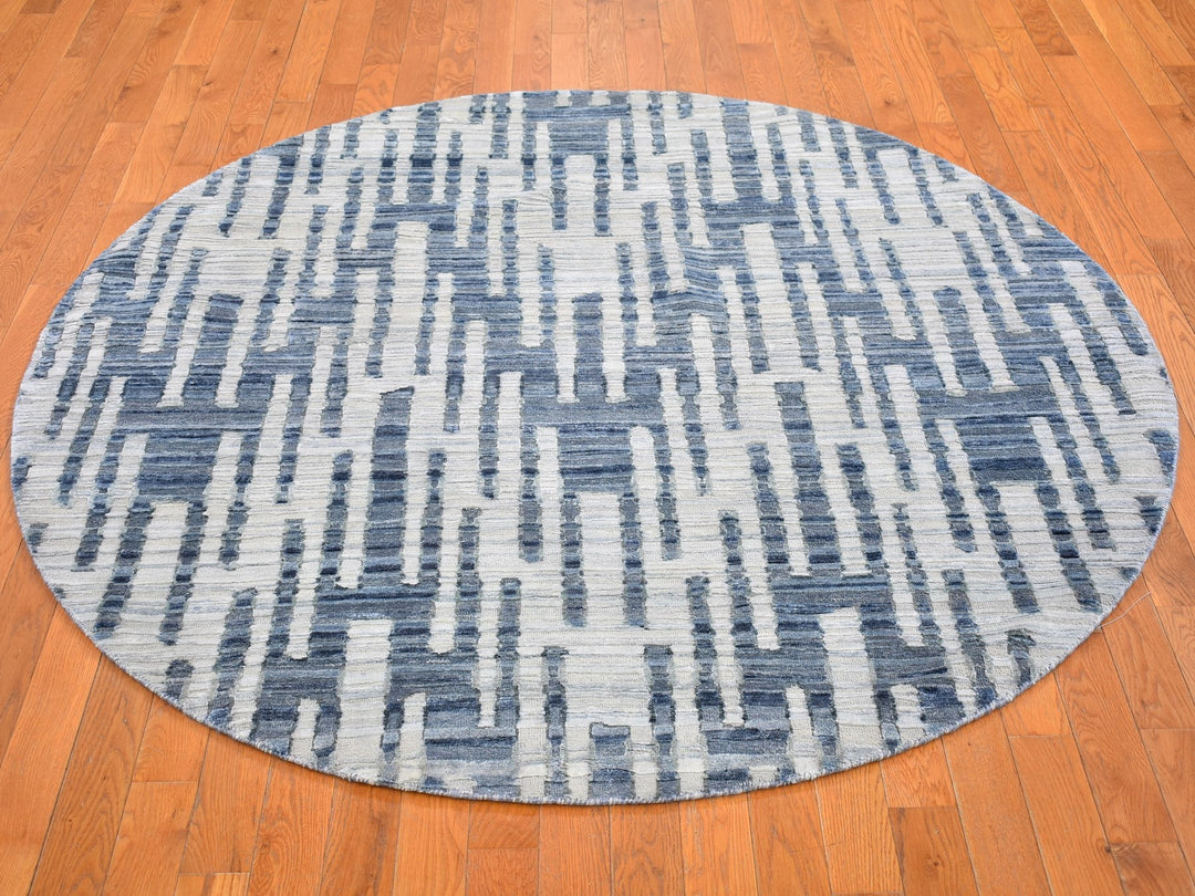 6'1" x 6'1" New Hand Knotted Blue Wool & Silk Rectangle Oriental Rug - MOA10266514