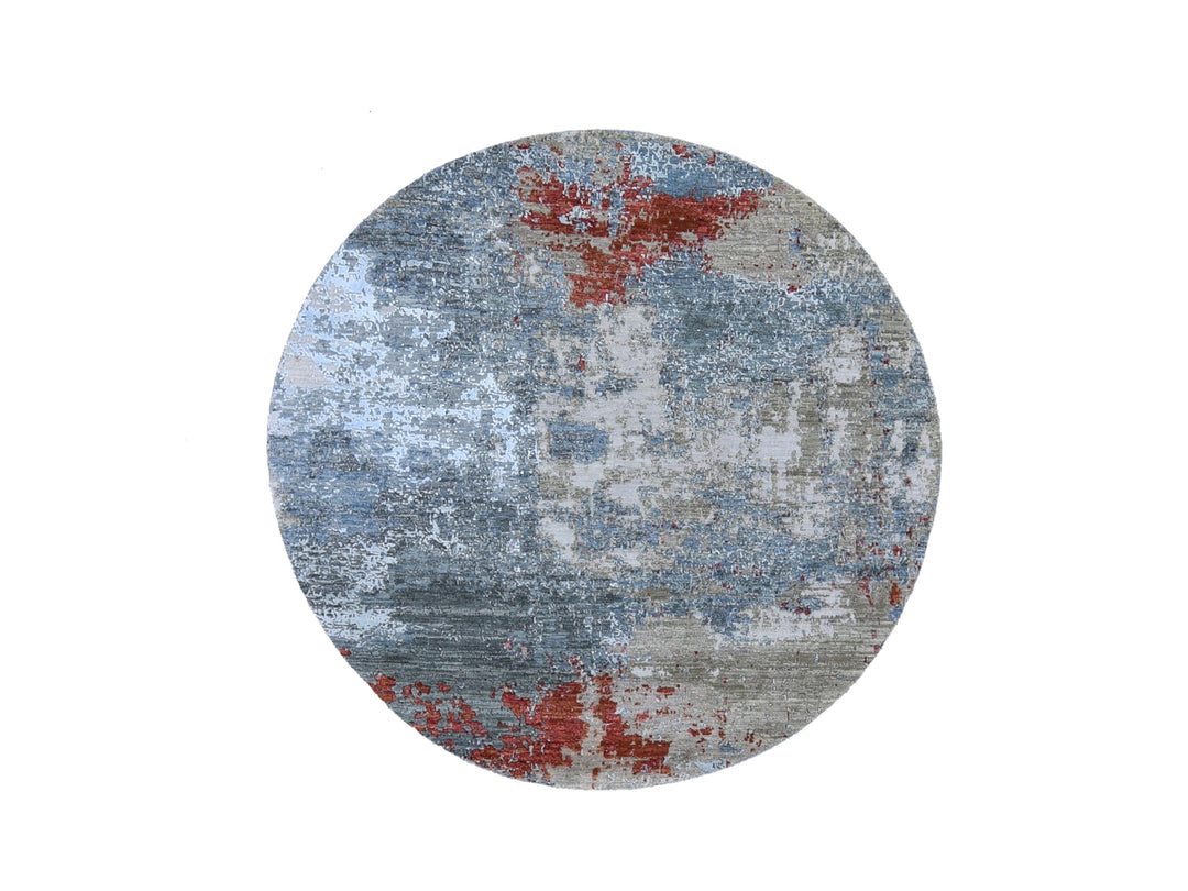 6'0" x 6'0" New Hand Knotted Grey Wool & Silk Round Oriental Rug - MOA10266516