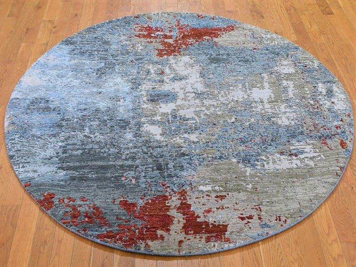 6'0" x 6'0" New Hand Knotted Grey Wool & Silk Round Oriental Rug - MOA10266516