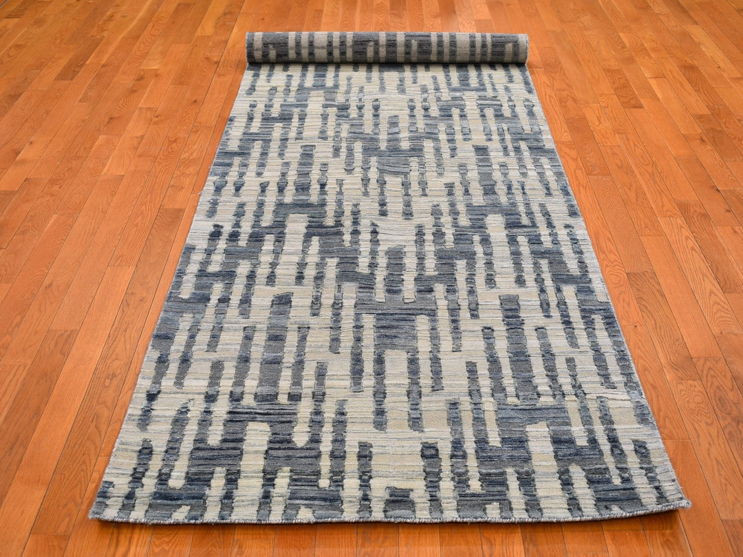 4'0" x 12'4" New Hand Knotted Blue Wool & Silk Rectangle Oriental Rug - MOA10266518