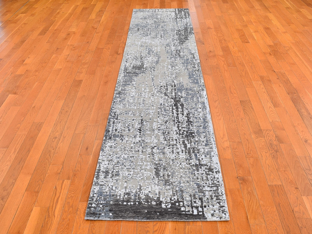 2'6" x 12'0" New Hand Knotted Grey Wool Runner Oriental Rug - MOA10266527