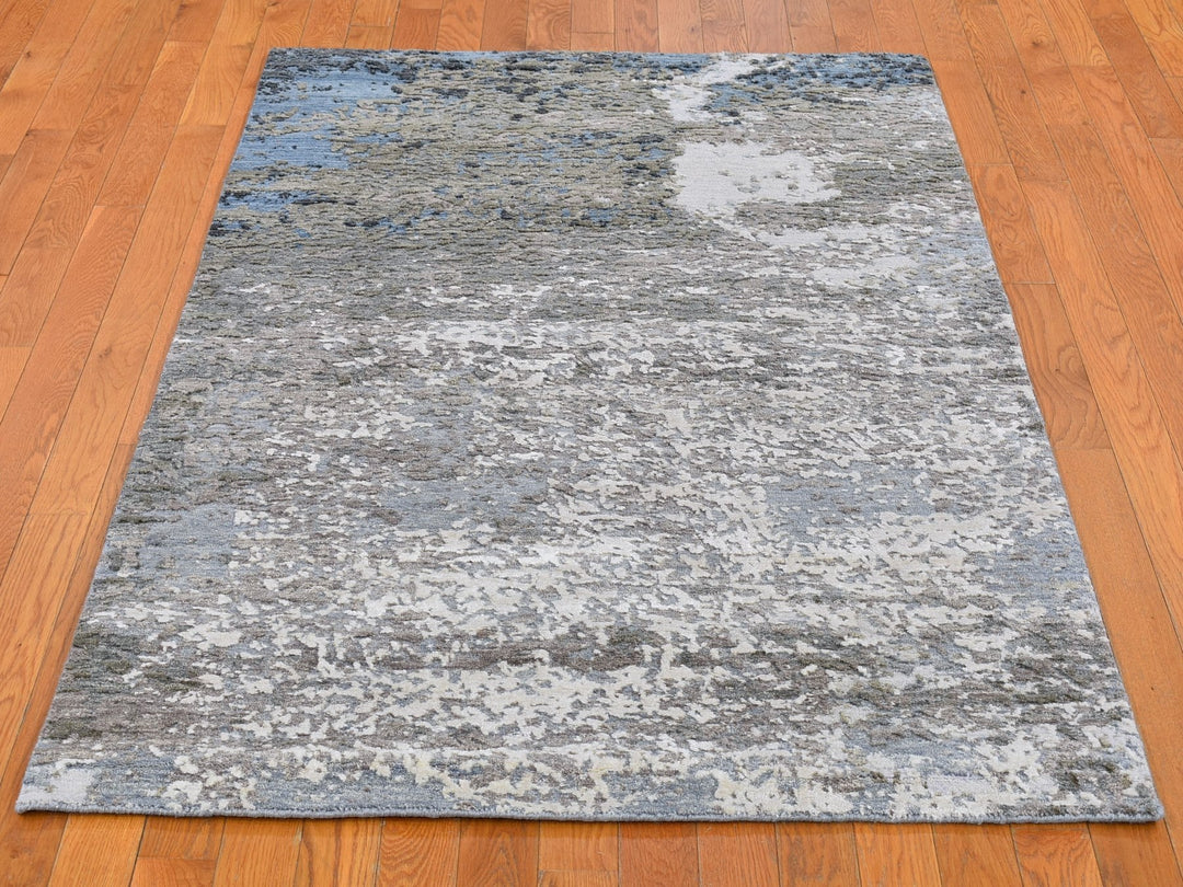 4'0" x 6'0" New Hand Knotted Grey Wool & Silk Rectangle Oriental Rug - MOA10266528