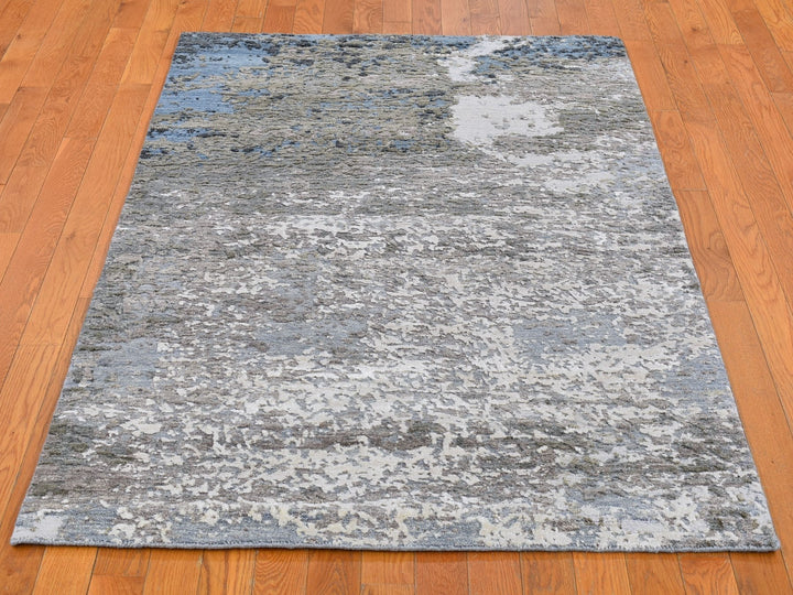 4'0" x 6'0" New Hand Knotted Grey Wool & Silk Rectangle Oriental Rug - MOA10266528