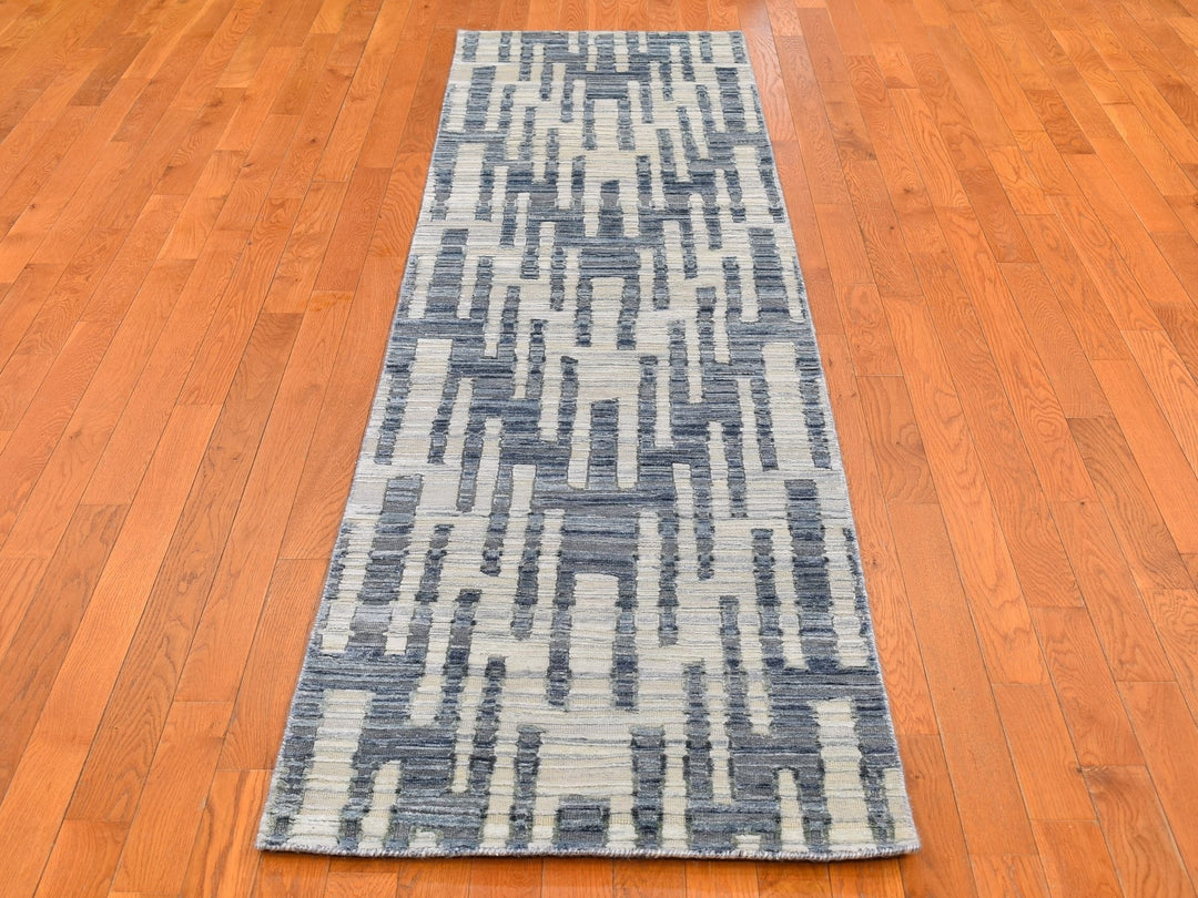 2'6" x 10'4" New Hand Knotted Blue Wool & Silk Rectangle Oriental Rug - MOA10266532