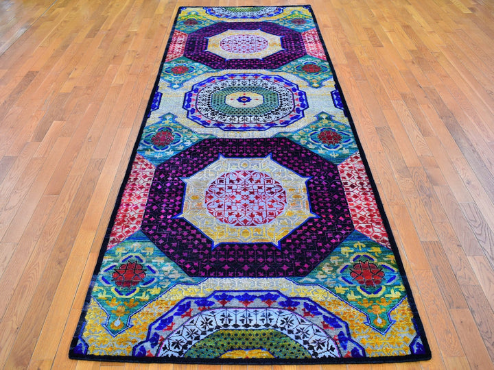 4'1" x 12'3" New Hand Knotted Yellow Wool & Silk Rectangle Oriental Rug - MOA10266544
