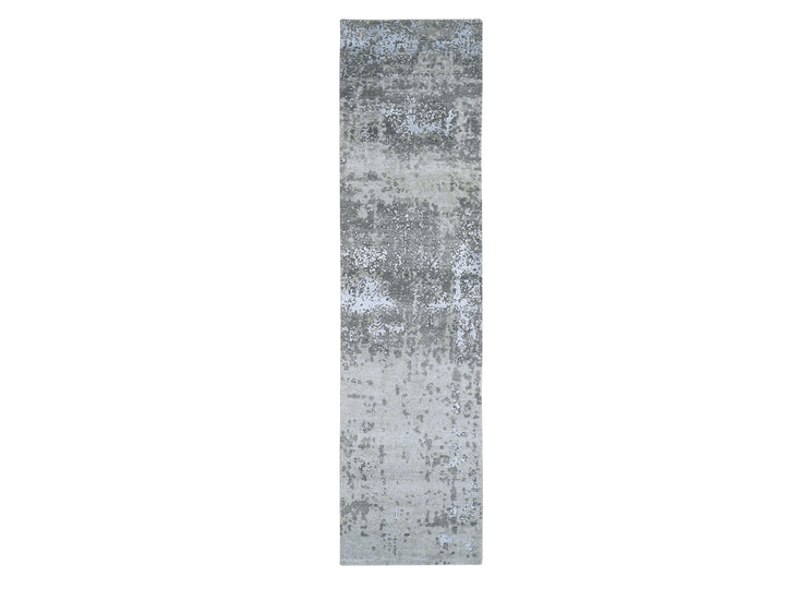 2'5" x 10'3" New Hand Knotted Grey Wool Runner Oriental Rug - MOA10266553