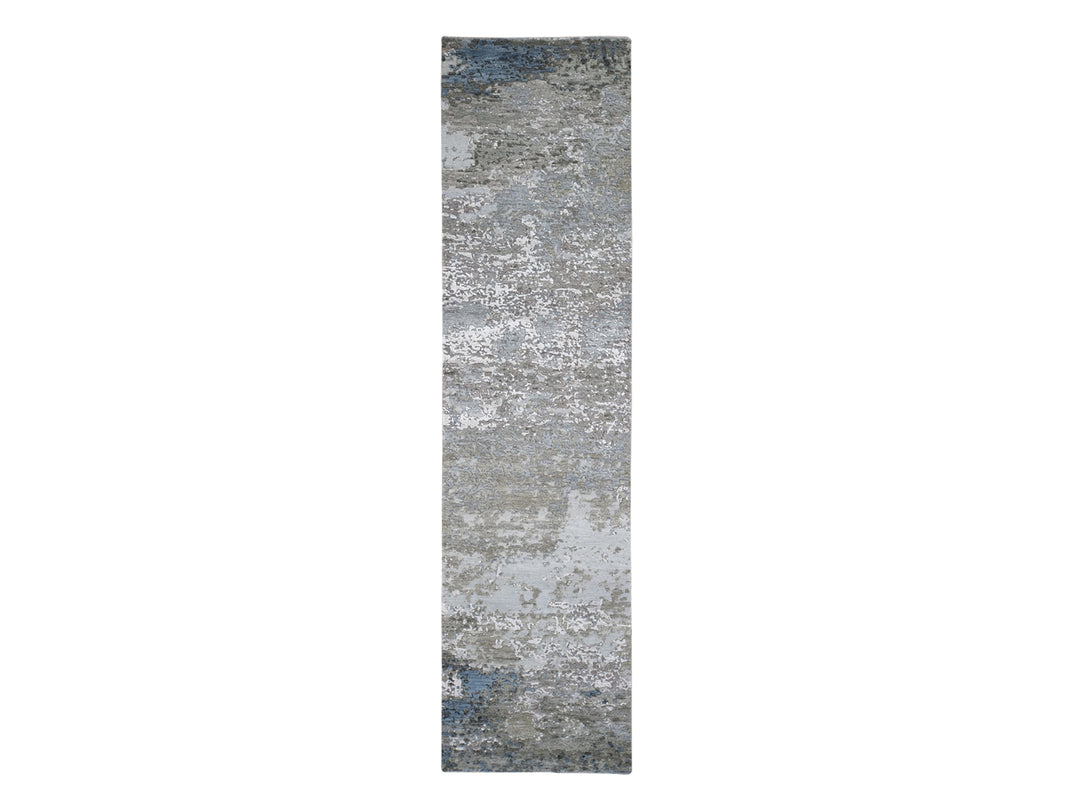 2'6" x 10'6" New Hand Knotted Grey Wool & Silk Runner Oriental Rug - MOA10266556