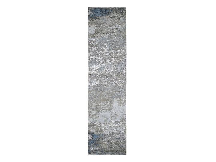 2'6" x 10'6" New Hand Knotted Grey Wool & Silk Runner Oriental Rug - MOA10266556