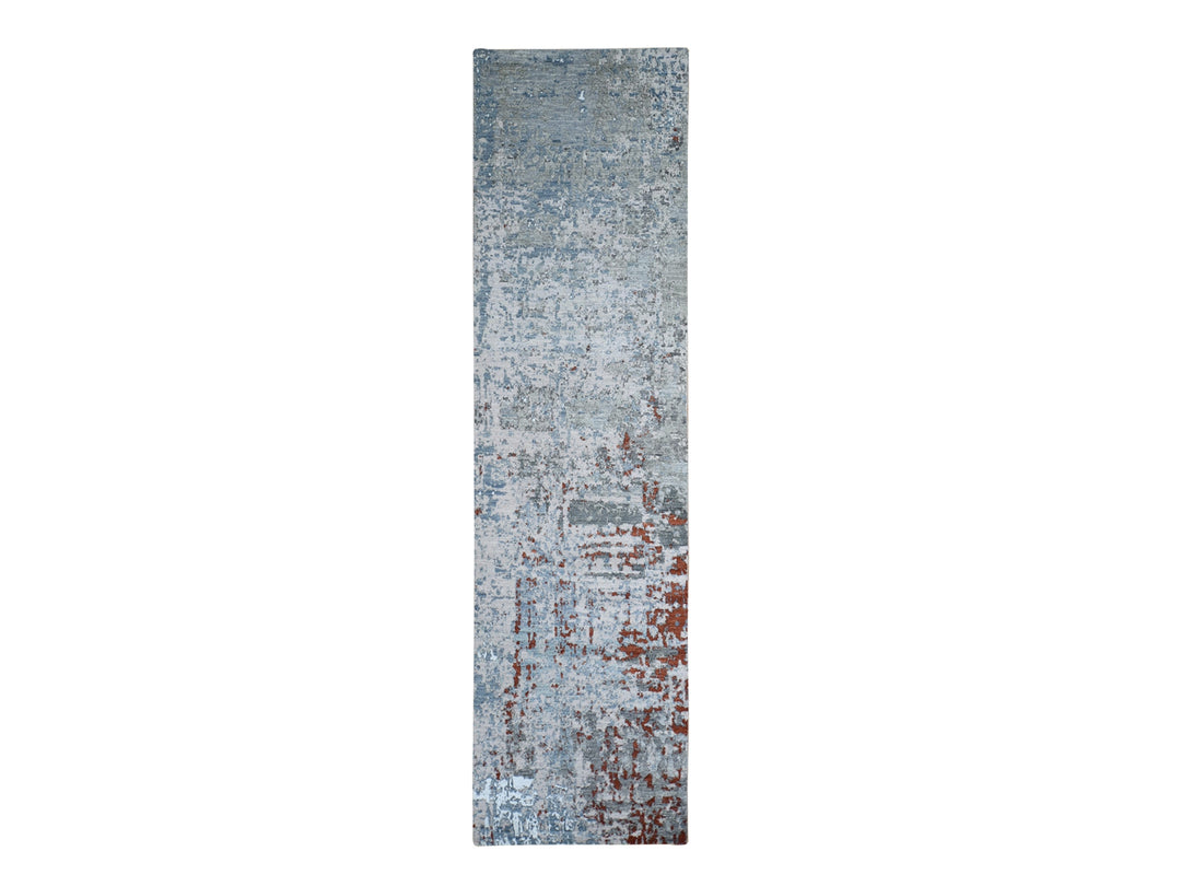 2'6" x 10'2" New Hand Knotted Blue Wool & Silk Runner Oriental Rug - MOA10266570