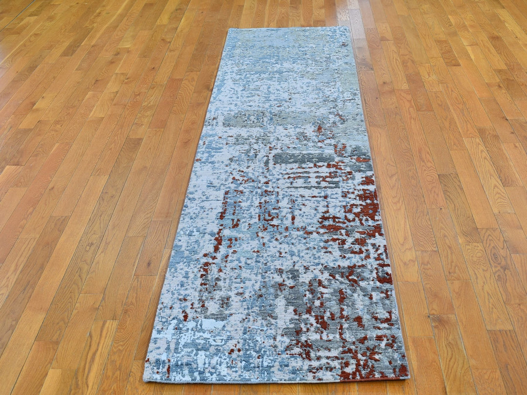 2'6" x 10'2" New Hand Knotted Blue Wool & Silk Runner Oriental Rug - MOA10266570
