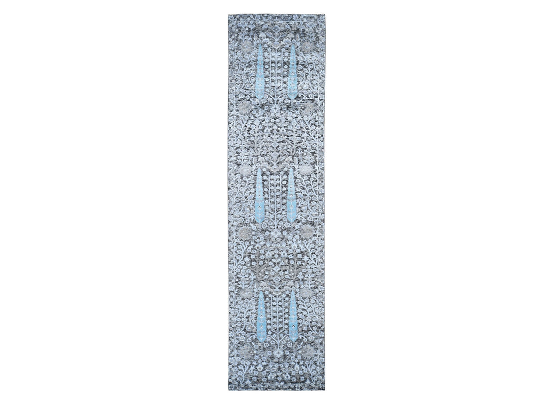 2'7" x 10'1" New Hand Knotted Black Wool & Silk Runner Oriental Rug - MOA10266583