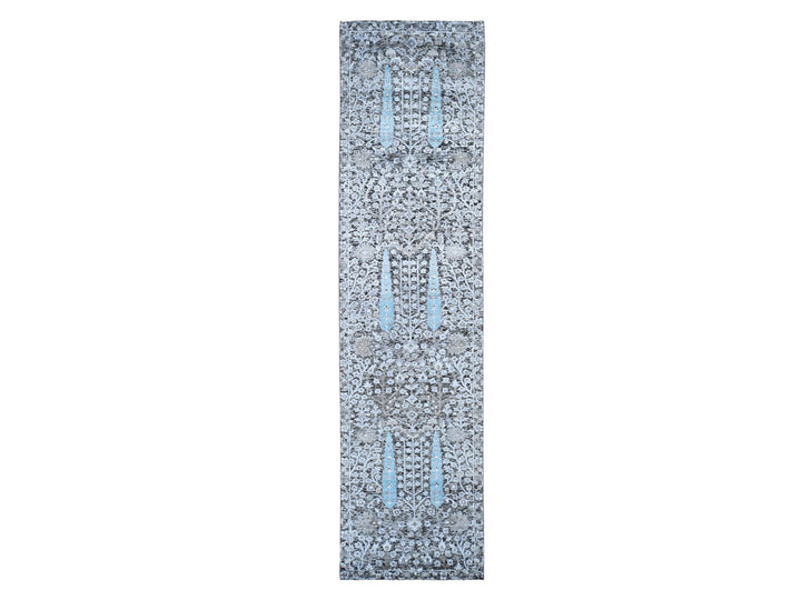 2'7" x 10'1" New Hand Knotted Black Wool & Silk Runner Oriental Rug - MOA10266583