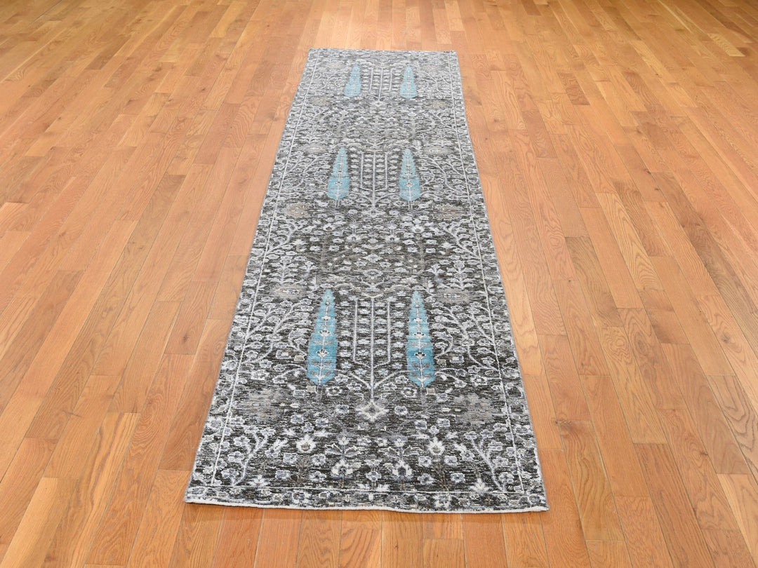 2'7" x 10'1" New Hand Knotted Black Wool & Silk Runner Oriental Rug - MOA10266583