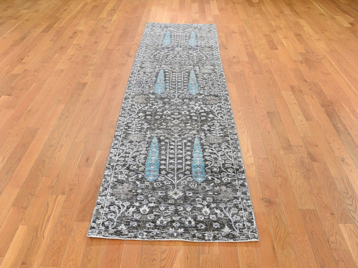 2'7" x 10'1" New Hand Knotted Black Wool & Silk Runner Oriental Rug - MOA10266583