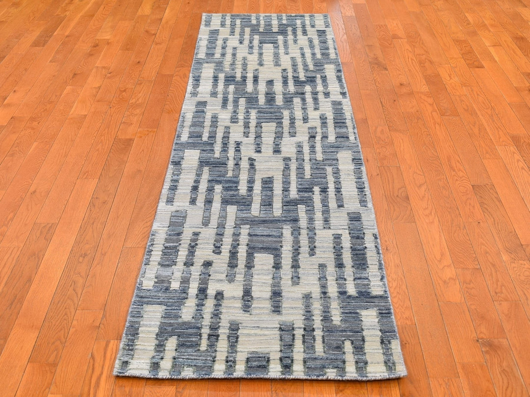 2'6" x 10'3" New Hand Knotted Blue Wool & Silk Rectangle Oriental Rug - MOA10266584