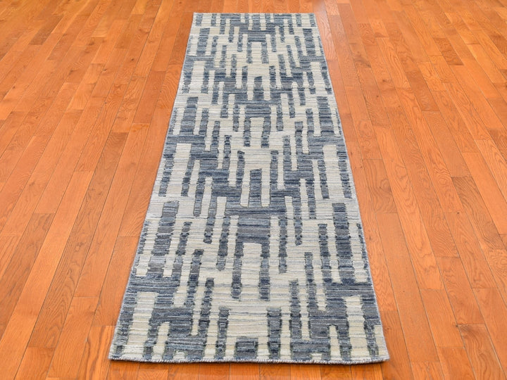 2'6" x 10'3" New Hand Knotted Blue Wool & Silk Rectangle Oriental Rug - MOA10266584