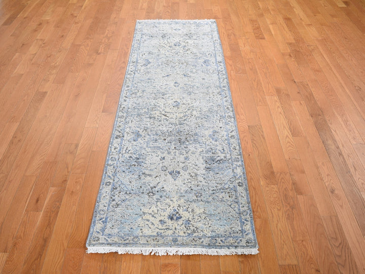 2'6" x 8'0" New Hand Knotted Blue Wool & Silk Runner Oriental Rug - MOA10266588