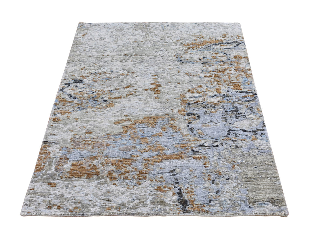 2'10" x 5'1" New Hand Knotted Grey Wool & Silk Rectangle Oriental Rug - MOA10266592