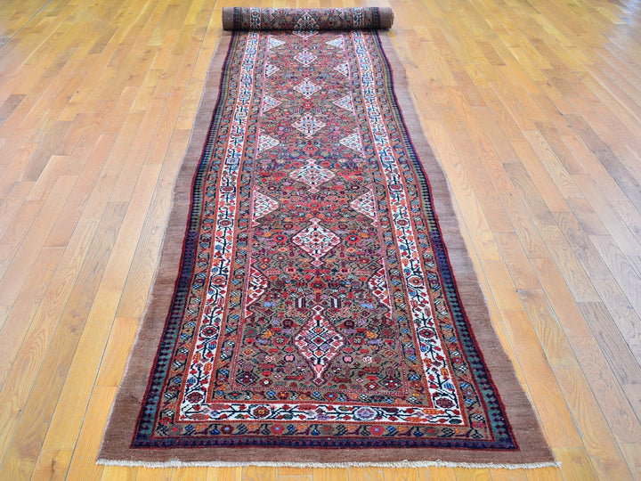 3'6" x 17'4" Vintage Hand Knotted Brown Wool Runner Oriental Rug - MOA10266593