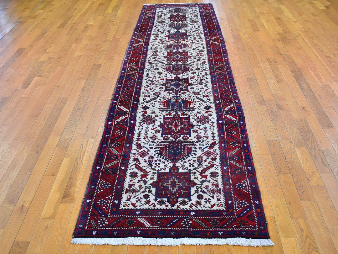 3'4" x 13'8" Vintage Hand Knotted Ivory Wool Runner Oriental Rug - MOA10266602