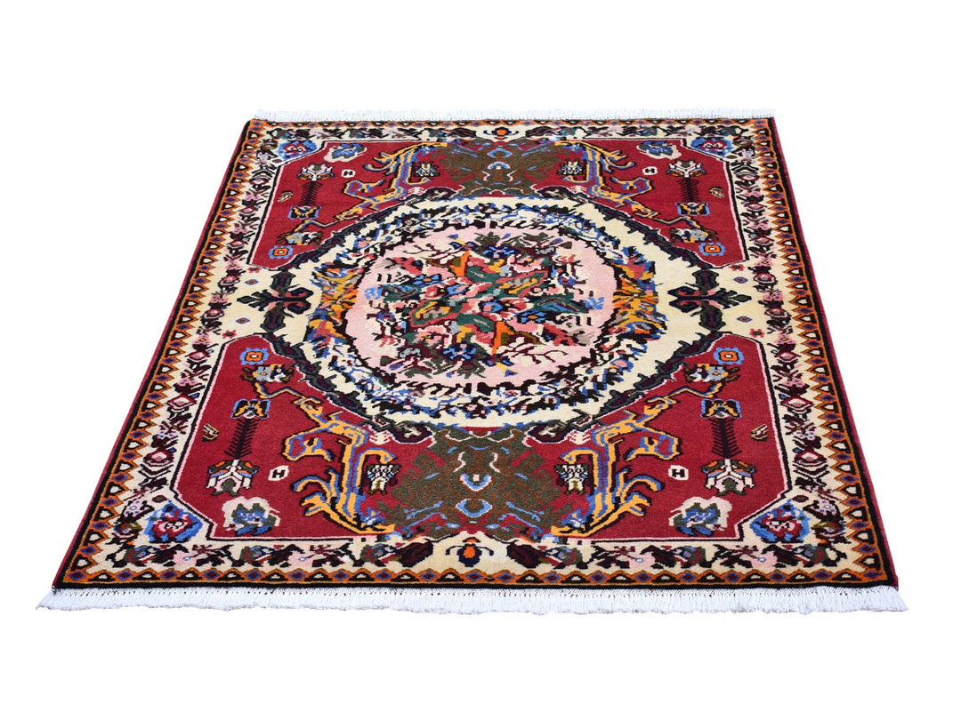 3'7" x 5'0" Vintage Hand Knotted Red Wool Rectangle Oriental Rug - MOA10266628
