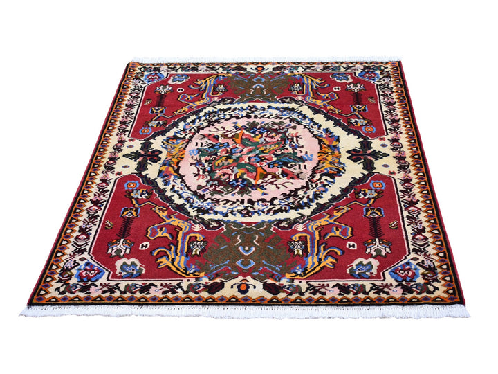 3'7" x 5'0" Vintage Hand Knotted Red Wool Rectangle Oriental Rug - MOA10266628