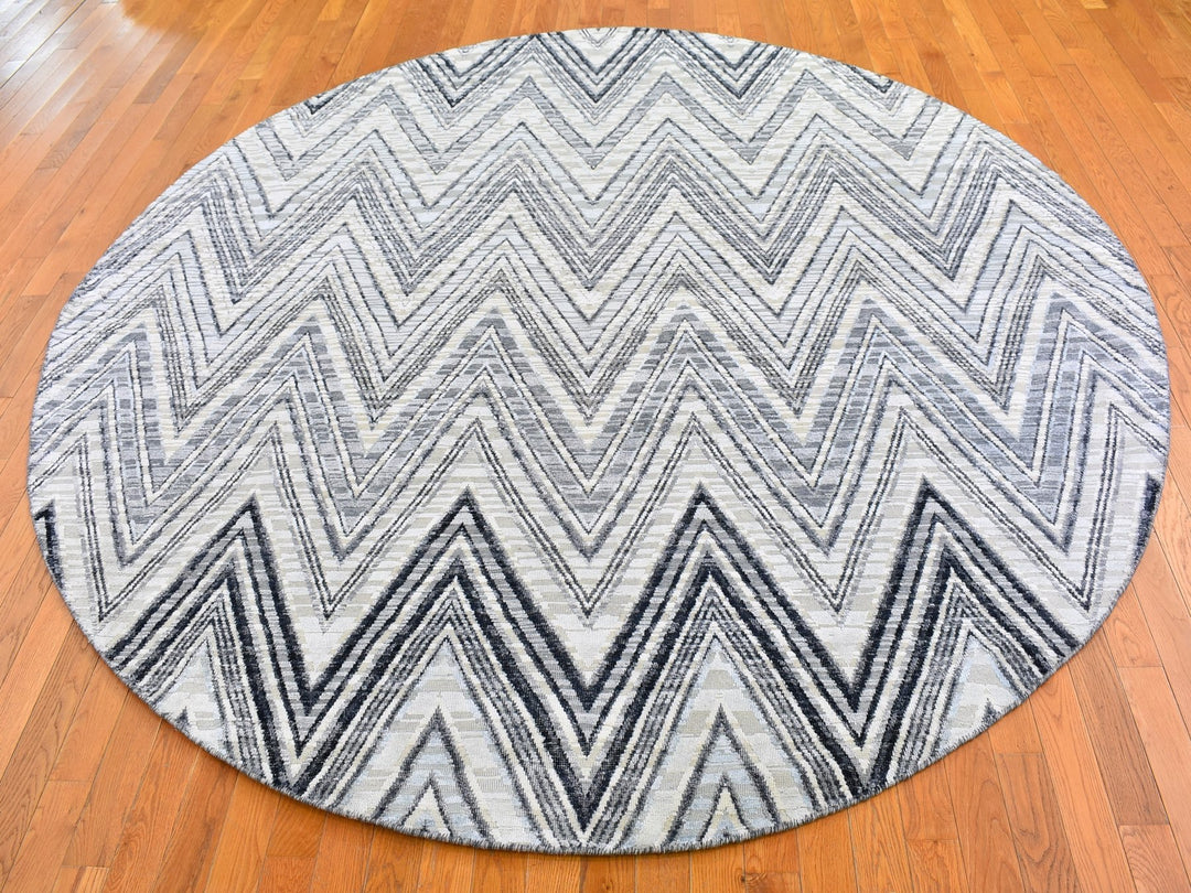 9'0" x 9'0" New Hand Knotted Grey Wool & Silk Round Oriental Rug - MOA10266695