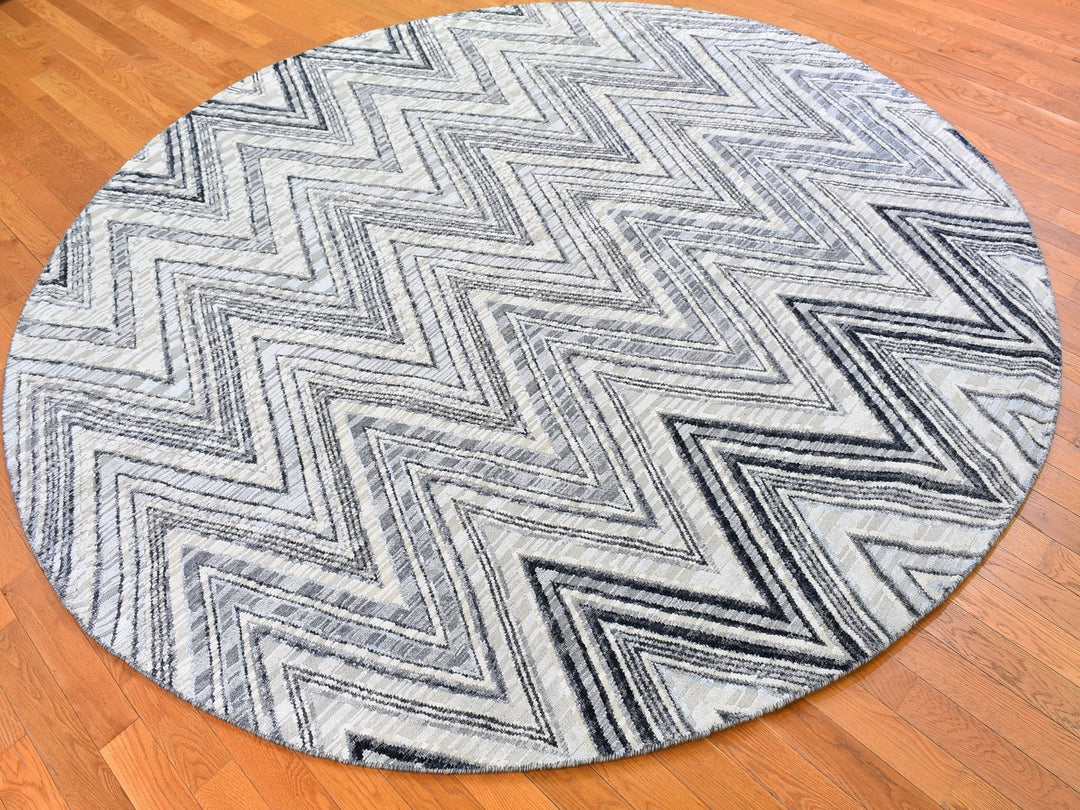 9'0" x 9'0" New Hand Knotted Grey Wool & Silk Round Oriental Rug - MOA10266695