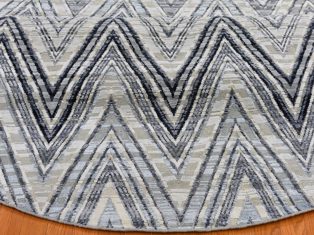 9'0" x 9'0" New Hand Knotted Grey Wool & Silk Round Oriental Rug - MOA10266695
